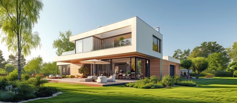 3d rendering modern house with garage,large garden and law for sale or rent property. AI generated