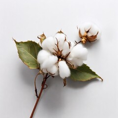 one long sprig of cotton, lonely, on a white background, top view, super realistic photo