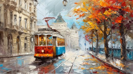 Old tram in the street. Old city landscape, fine art oil painting