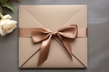 Blank gift card, envelope or voucher for wedding on gray background. View from above. Birthday. Valentines day.