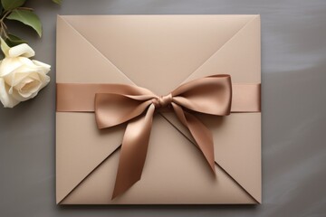 Fototapeta premium Blank gift card, envelope or voucher for wedding on gray background. View from above. Birthday. Valentines day.
