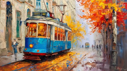 Old tram in the street. Old city landscape, fine art oil painting
