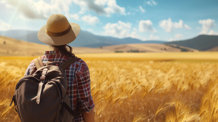 Traveler stands amidst wheat field.