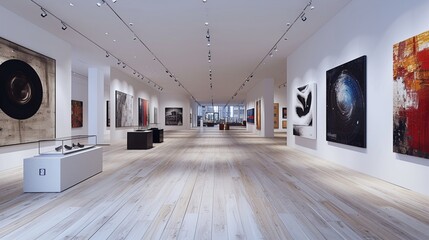  A modern art gallery with white walls and track lighting.