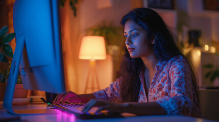 Fototapeta premium An urban Indian woman deeply engrossed in late-night computer work at her home office