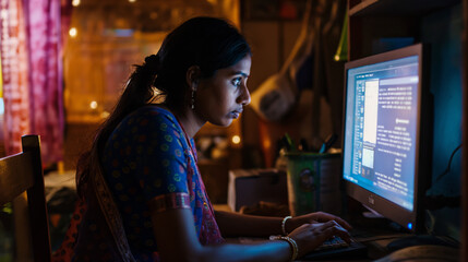 Fototapeta na wymiar An urban Indian woman deeply engrossed in late-night computer work at her home office