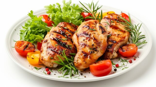 A plate of delicious juicy grilled chicken with vegetables on white background