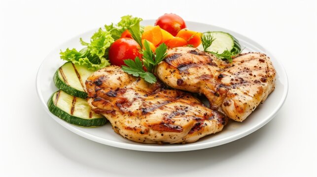 A plate of delicious juicy grilled chicken with vegetables on white background