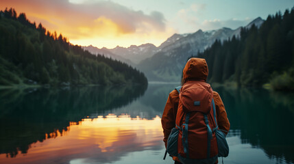 A traveler and mountain lake at dawn.