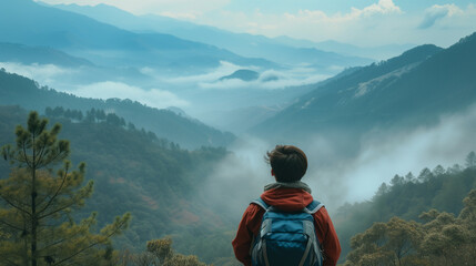 Person overlooks a valley with morning mist.