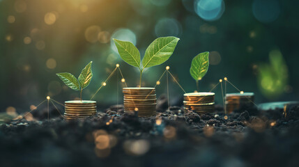 A stack of golden coins with a green plant sprouting out of the center or small-savings concept - obrazy, fototapety, plakaty