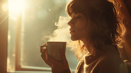 A young woman drinks aromatic coffee.
