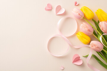 Woman's Day charm: top view gorgeous composition of tulips, hearts, a fashionable ribbon, neatly forming an 