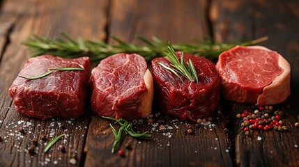 Variety of Raw Black Angus meat steaks on wooden board. top view with copy space - obrazy, fototapety, plakaty