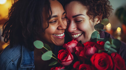 Smiling young lesbian couple holding flowers together. Engagement celebration. Pride concept. Generative AI - obrazy, fototapety, plakaty