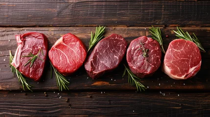 Fotobehang Variety of Raw Black Angus meat steaks on wooden board. top view with copy space © Vasiliy