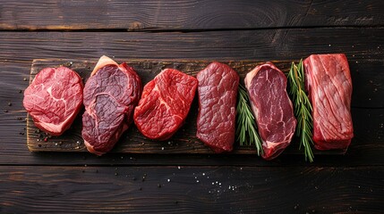 Variety of Raw Black Angus meat steaks on wooden board. top view with copy space