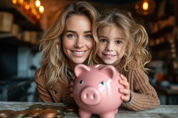 Obraz premium Happy mother and daughter together at home, saving money, teaching financial responsibility and creating a secure future.