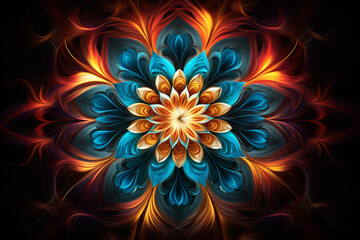 Fototapeta na wymiar Psychedelic mandala fractal pattern, vibrant, neon, vintage decorative element, purple, orange, blue on black