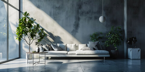 Luxury dark loft living room with concrete walls and white sofa. Interior background concept. Generative AI