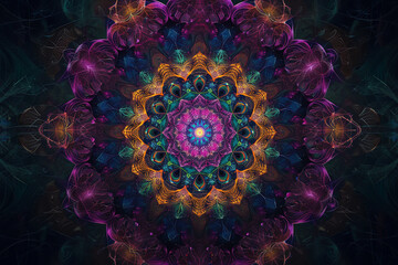 Naklejka premium Psychedelic mandala fractal pattern, vibrant, neon, vintage decorative element