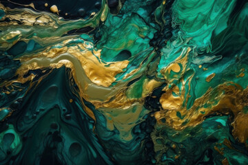 Fototapeta na wymiar Abstract horizontal background, liquid paint, green and gold acrylic. AI generative.