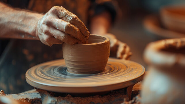 The hands of an experienced potter in the process of work.