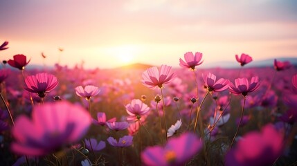 Obraz premium Beautiful and amazing of cosmos flower field landscape in sunset. nature wallpaper background