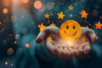 Experience excellent customer services happy smile, smiley face icon. Trustworthy support, top rated star ratings, positive feedback. Five star client service rating, customer success satisfaction.