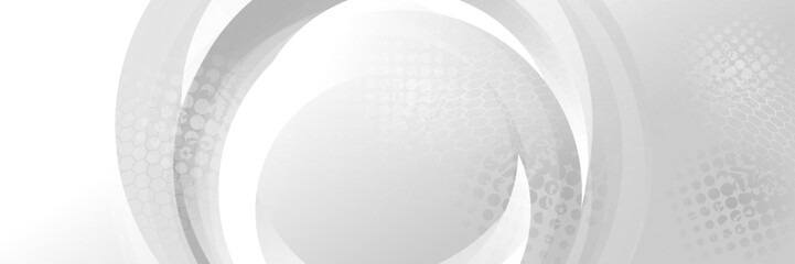 Grey grunge circles abstract tech halftoned background. Geometric retro vector banner design