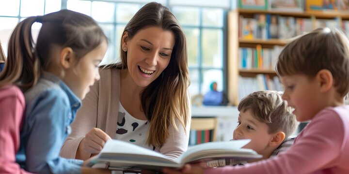 Smiling teacher reading a book with preschool children in a bright classroom. educational activities at school. early learning development. AI