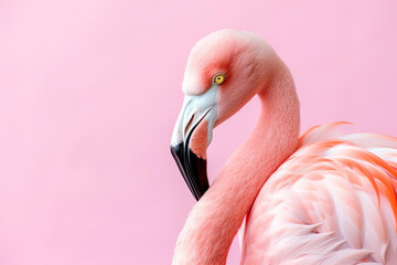 Pink flamingo portrait isolated on pastel pink background