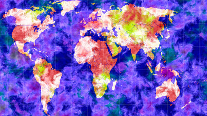 World map with global temperature changes. Global warming concept. Map of temperature and weather in different regions of the earth. Tropical cyclones, strong hurricanes, intense precipitation.