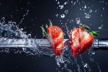 strawberry slices with knife and water drops and splashes on black background