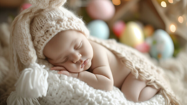 A peaceful newborn baby sleeps in a bunny hat, surrounded by colorful Easter eggs.
