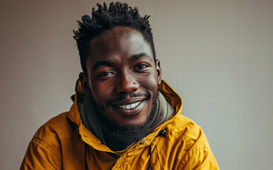 Obraz premium Cheerful African American Male Portrait with a Stylish Expression on a Yellow Background.