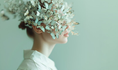 The woman's face and head are covered with butterflies, the concept of neurodiversity and mental problems