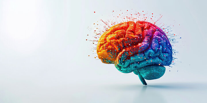 Human brain painted in different colors on light background, banner with copy space, concept of neurodiversity and mental problems