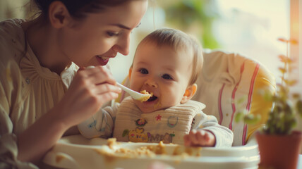Mom carefully feeds the baby.