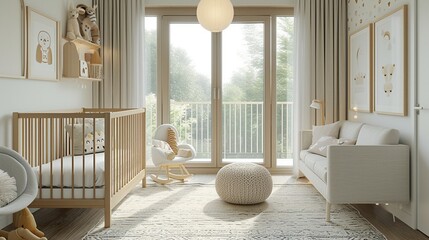 A modern nursery with a minimalist crib and whimsical wall decals. - obrazy, fototapety, plakaty