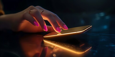 Illuminated smartphone screen touched by a woman's hand in a dark setting. modern communication concept. technology at your fingertips. AI