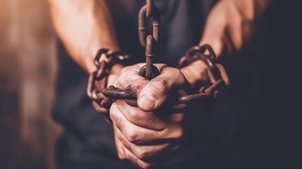 Close up of man s hands shackled with rusty steel chain, concept of imprisonment and restriction - obrazy, fototapety, plakaty