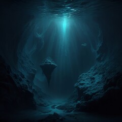 Generate an image inspired by the depths of the ocean, exploring themes of depth, darkness, and mystery.