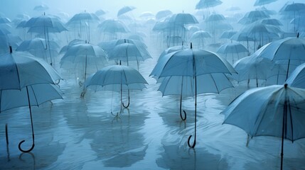 Sea of translucent umbrellas beneath a soft, blue rain
