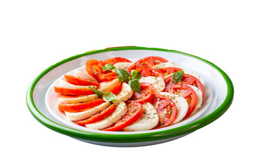Italian caprese salad with sliced tomatoes, mozzarella, basil, olive oil