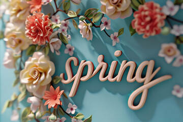 
minimalistic "spring" inscription. 3 d rendering, flowers, pastel colors