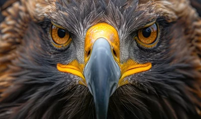 Schilderijen op glas A macro portrait of amazing eagle, capturing the intricate patterns of its feathers and the striking details of its eyes and beak. © Daniela