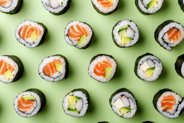  beautiful sushi rolls pattern top view isolated on pastel green background