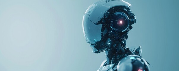 Side view of amazing humanoid head representing future technology and artificial intelligence with free space for your text. Artificial intelligence theme. - obrazy, fototapety, plakaty
