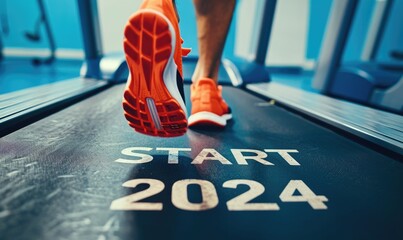 Close up of feet of sportsman runner running on treadmill with word 